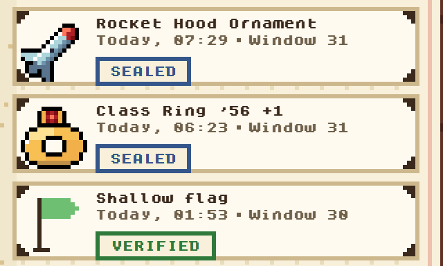 Two draws from this window stamped SEALED, one from the last stamped VERIFIED