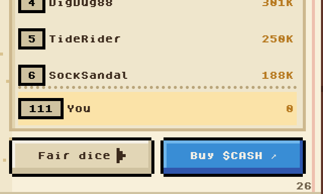 The Trade page, with Fair dice beside Buy $CASH
